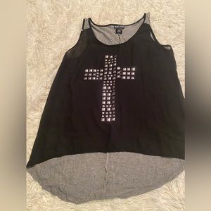 Black and gray studded cross high low shirt